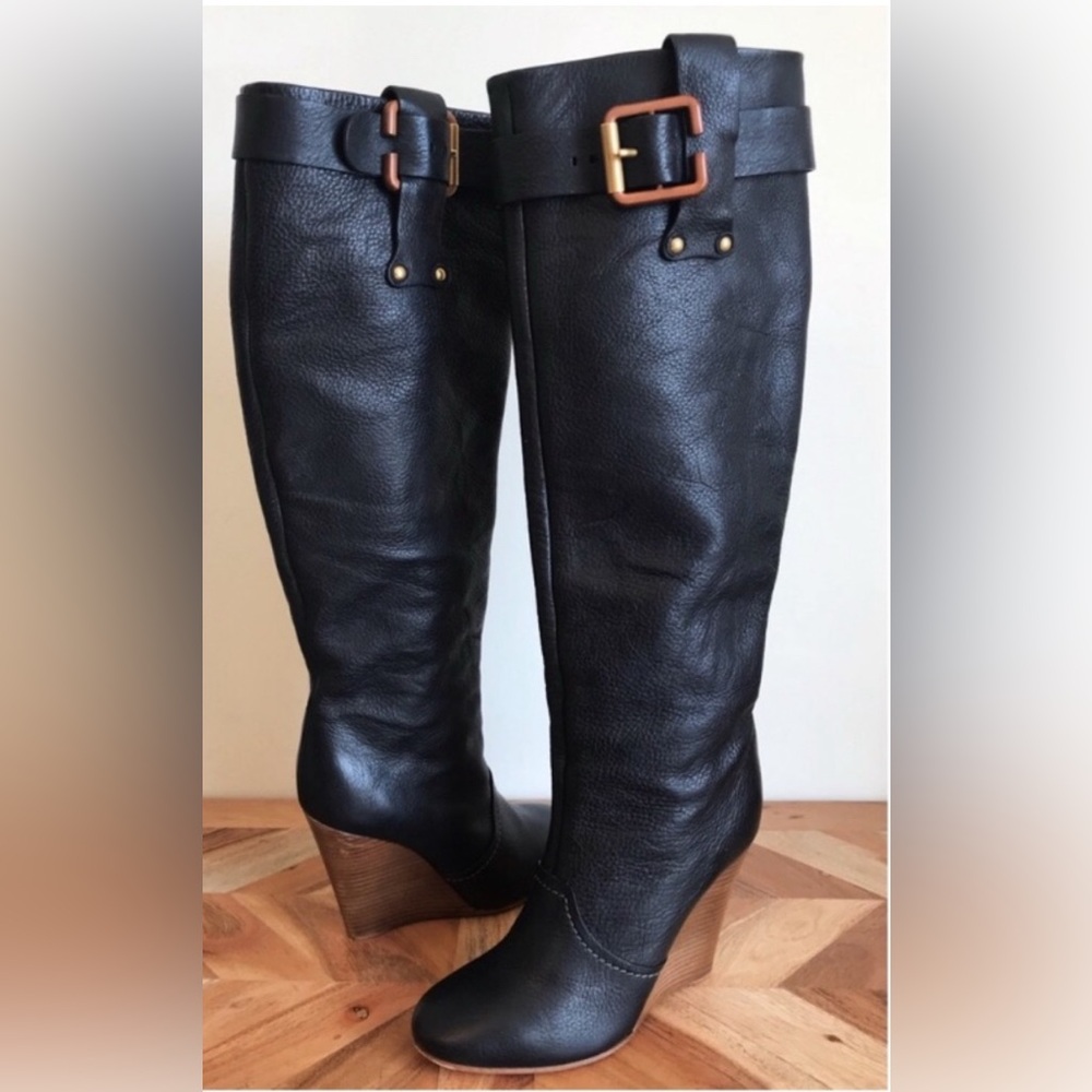 Chloe Paddington Black Leather Wedge Knee High